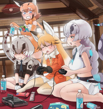 4girls animal_ear_fluff animal_ears animal_hood bag_of_chips barefoot belly black_gloves blonde_hair blue_eyes blue_hair blush boa_constrictor_(kemono_friends) bottle bow bowtie braid brown_eyes brown_hair caracal_(kemono_friends) closed_eyes collared_shirt controller cropped_shirt day empty_eyes extra_ears ezo_red_fox_(kemono_friends) fang food food_in_mouth from_side fur-trimmed_sleeves fur_trim game_console game_controller gloves grey_hair hair_between_eyes half-closed_eye highres holding holding_bottle holding_controller holding_game_controller hood hood_down hooded_vest hoodie indoors jacket kemono_friends kemono_friends_3 long_hair long_tail looking_at_another medium_hair midriff miniskirt mouth_hold multicolored_hair multiple_girls navel necktie open_clothes open_mouth open_vest orange_hair orange_jacket pantyhose parted_lips playing_games pocky pocky_in_mouth scarf sega_mega_drive sega_mega_drive_controller shirt short_sleeves sidelocks single_braid sitting skirt sleepy slit_pupils snake_hood snake_tail standing stomach sweat tail titanoboa_(kemono_friends) toriny two-tone_hair utility_vest very_long_hair vest white_shirt wing_collar