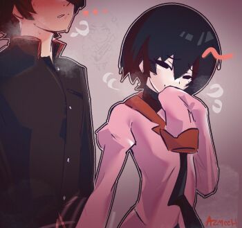 ... 1boy 2girls anger_vein angry araragi_koyomi artist_name azmcch black_eyes black_hair black_jacket black_necktie black_outline black_shirt blush bob_cut boxcutter braid breasts breath chibi closed_mouth commentary covering_own_mouth drawn_blush empty_eyes english_commentary eyes_out_of_frame flying_sweatdrops front-to-back furrowed_brow gakuran gradient_background grey_background hair_between_eyes hair_over_one_eye hand_over_own_mouth hand_up head_out_of_frame head_tilt high_collar highres holding holding_boxcutter holding_weapon implied_handjob jacket jealous juliet_sleeves long_hair long_sleeves monogatari_(series) multiple_girls naoetsu_high_school_uniform narrowed_eyes naughty_face necktie netorare nose_blush oshino_ougi out-of-frame_censoring outline parted_lips partially_colored pink_shirt pleated_skirt puffy_long_sleeves puffy_sleeves raised_eyebrows red_trim revision rolling_eyes school_uniform senjougahara_hitagi sexually_suggestive shirt short_hair signature single_braid skirt sleeves_past_fingers sleeves_past_wrists small_breasts smile smug sweat teasing turtleneck undershirt upper_body v-shaped_eyebrows very_sweaty weapon white_outline