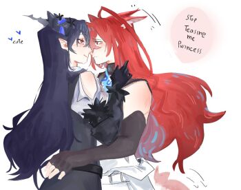 Rule 34 | 2girls, animal ears, black dress, black gloves, blush, closed mouth, clothing cutout, commentary, dog ears, dog girl, dog tail, dress, elbow gloves, elizabeth rose bloodflame, english commentary, english text, eye contact, fingerless gloves, gloves, hand on another's waist, heart, hololive, hololive english, kemonomimi mode, looking at another, multiple girls, nerissa ravencroft, pointy ears, purple hair, red eyes, red hair, shoulder cutout, simple background, smile, speech bubble, tail, tibetanyakart, virtual youtuber, white background, yuri