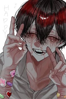 1boy aegyo_sal bandaid bandaid_on_arm black_hair closed_eyes collared_shirt commentary_request crossed_bangs crying double-parted_bangs double_v facing_viewer grin hair_between_eyes highres hosikage4040 male_focus original scar scar_on_arm self-harm shirt short_hair smile solo sticker_on_arm tears upper_body v white_shirt wrist_cutting