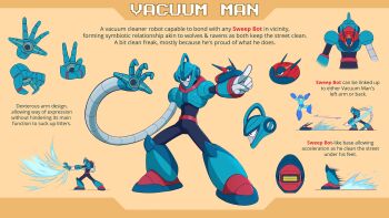 Rule 34 | 2025, 2boys, armor, commentary, dynamic pose, english commentary, english text, full body, gameplay mechanics, gloves, helmet, highres, long arms, mega man: dual override, mega man (character), mega man (classic), mega man (series), mega man robot master design contest, multiple boys, orange background, original, pointing, pointing at viewer, pointing out the details, raydhen, red eyes, reference sheet, robot, robotic vacuum cleaner, simple background, vacuum cleaner, white gloves