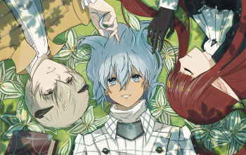 Rule 34 | 1girl, 2boys, absurdres, aqua eyes, aqua hair, ascot, black gloves, black horns, book, brown jacket, closed eyes, closed mouth, commentary request, fingernails, gloves, grass, grey eyes, grey hair, highres, horns, hulkenberg (metaphor: refantazio), jacket, kluger lx, long hair, lying, metaphor: refantazio, multiple boys, pointy ears, profile, protagonist (metaphor: refantazio), red hair, short hair, spoilers, strohl (metaphor: refantazio), white ascot, white jacket