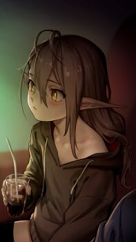 Rule 34 | 1girl, :o, antenna hair, as109, blush, brown hair, collarbone, drinking straw, elf, glass, highres, hood, hoodie, indie virtual youtuber, long hair, low-tied long hair, off shoulder, pointy ears, pov, shui lan er, sitting, solo, thighhighs, virtual youtuber, yellow eyes, zettai ryouiki