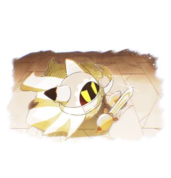 1boy disembodied_hand fukkatsu_no_maya gloves holding holding_sword holding_weapon interdimensional_magolor kirby's_return_to_dream_land_deluxe kirby_(series) looking_at_viewer magolor magolor_epilogue male_focus nintendo no_humans rayman_limbs solo sparkle sword torn_clothes weapon yellow_eyes