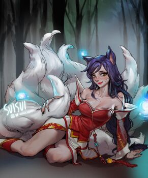 1girl ahri_(league_of_legends) animal_ears artist_name bare_legs bare_shoulders black_hair boots breasts cleavage collarbone commentary energy_ball english_commentary english_text facial_mark fingernails fox_ears fox_girl fox_tail highres instagram_logo korean_clothes league_of_legends leaning_to_the_side lips long_fingernails long_hair looking_at_viewer multiple_tails outdoors signature simple_background sitting slit_pupils solo solo_focus suisui_again tail tree twitter_logo twitter_username very_long_hair whisker_markings