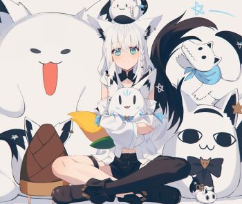 Rule 34 | 1girl, ahoge, animal ear fluff, animal ears, bamboo shoot, black boots, black ribbon, black shorts, black thighhighs, blue neckerchief, blush, boots, braid, corn, crossed legs, detached sleeves, fox ears, fox girl, fox tail, front slit, fubuchun, fubuzilla (shirakami fubuki), full body, hair between eyes, hair ribbon, highres, hololive, hood, hoodie, indian style, legs, long hair, looking at viewer, low ponytail, mascot, miteiru (shirakami fubuki), nagishiro mito, neckerchief, oruyanke (shirakami fubuki), pentagram, ponytail, ribbon, shirakami fubuki, shirakami fubuki (1st costume), short shorts, shorts, side braid, sidelocks, single braid, single thighhigh, sitting, smile, solo, strapless, sukonbu (shirakami fubuki), tail, thigh strap, thighhighs, virtual youtuber, white hair, white hoodie, white sleeves, wide sleeves