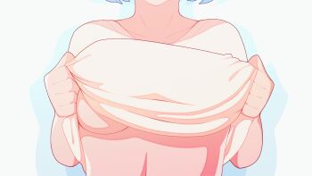 1girl animated animated_gif blue_hair bouncing_breasts breast_drop breast_focus breasts censored clothes_lift head_out_of_frame heart highres large_breasts like_and_retweet censored_nipples no_bra novelty_censor original shirt_lift simple_background solo theobrobine upper_body