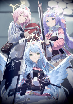 3girls absurdres armband assault_rifle ballistic_shield black_dress black_shirt blue_archive blue_eyes blue_hair blue_wings blush box braid chainsaw closed_eyes closed_mouth dress feather_hair feathered_wings first_aid_kit gloves green_eyes gun halo hanae_(blue_archive) hat highres holding holding_box holding_chainsaw holding_gun holding_shield holding_weapon jacket long_hair m4_carbine mine_(blue_archive) multiple_girls nurse_cap one_side_up pink_hair pink_jacket purple_hair purple_halo remedial_knights_(blue_archive) ribbon rifle sailor_collar serina_(blue_archive) shield shirt skirt smile tamagore trinity_general_school_logo twin_braids twintails weapon white_dress white_gloves white_hat white_sailor_collar white_skirt wings yellow_halo