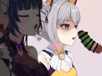 1boy 3girls :d bar_censor bare_shoulders blush bodysuit bow breasts bronya_zaychik bronya_zaychik_(yamabuki_armor) censored cleavage cleavage_cutout closed_eyes clothing_cutout commentary_request condom disembodied_penis drill_hair fake_horns grey_eyes grey_hair hair_bow halloween_costume hetero homu_(honkai_impact) honkai_(series) honkai_impact_3rd horns hyunjjing kiana_kaslana kiana_kaslana_(white_comet) leotard long_hair looking_at_penis mosaic_censoring multiple_girls open_mouth oral_invitation penis ponytail purple_hair purple_leotard raiden_mei raiden_mei_(eventide_phantom) raiden_mei_(lightning_empress) shaded_face smile tongue tongue_out twin_drills upper_body very_long_hair white_bodysuit white_hair yellow_bow yellow_leotard