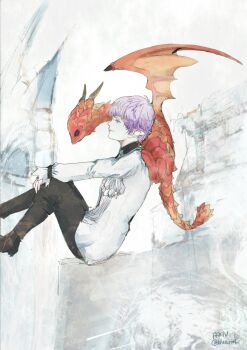 Rule 34 | 1boy, ascot, black pants, blue eyes, blush, commentary, copyright name, dragon, dragon on shoulder, ehll tou, elezen, elf, final fantasy, final fantasy xiv, from side, hautdilong (ff14), in-universe location, ishgard (ff14), long sleeves, pants, pointy ears, purple hair, ruka (blueplus84), shirt, short hair, sitting, small dragon, twitter username, white ascot, white shirt