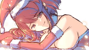 1girl alternate_costume bare_shoulders blush breasts cat_with_a_brush cleavage closed_mouth commentary_request dress elbow_gloves fur-trimmed_dress fur-trimmed_gloves fur-trimmed_headwear fur_collar fur_trim gloves hat highres large_breasts light_particles looking_at_viewer lying on_stomach pyra_(xenoblade) red_dress red_eyes red_gloves red_hair red_hat santa_costume santa_dress santa_hat short_hair smile solo strapless strapless_dress swept_bangs upper_body xenoblade_chronicles_(series) xenoblade_chronicles_2