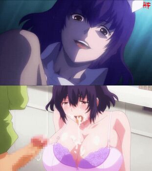 1boy 1girl 2koma after_fellatio animated animated_gif before_and_after bra breasts censored comic crying crying_with_eyes_open cum cum_in_mouth cum_on_body cum_on_breasts cum_on_upper_body cumdrip hat huge_breasts implied_footjob instant_loss kneeling kurokawa_(sakusei_byoutou) looking_down mosaic_censoring multi_panel nurse_cap open_mouth pink_bra purple_bra purple_hair red_eyes sakusei_byoutou screencap shaded_face shiny_skin split_screen tearing_up tears tongue tongue_out twitching_penis underwear