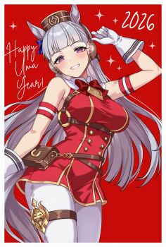 1girl 2026 aadka5 absurdres animal_ears armband blunt_bangs blush bow bowtie breasts brown_hat commentary_request dress ear_bow ear_ribbon feet_out_of_frame gloves gold_ship_(red_strife)_(umamusume) gold_ship_(umamusume) grey_hair happy_new_year hat highres horse_ears horse_girl horse_tail large_breasts leggings long_hair long_sleeves looking_at_viewer new_year open_mouth pantyhose pillbox_hat purple_bow purple_eyes red_background red_bow red_bowtie red_dress sleeveless sleeveless_dress smile solo standing striped_armband striped_clothes tail teeth thigh_strap umamusume white_gloves white_hair white_leggings white_pantyhose