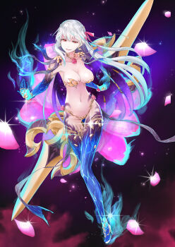 1girl absurdres armlet armor bikini_armor blue_hair blue_skin blush breasts cleavage collar colored_inner_hair colored_skin commentary_request earrings fate/grand_order fate_(series) flower full_body hair_ribbon high_heels highres jewelry kama_(adult)_(fate) kama_(assassin)_(third_ascension)_(fate) kama_(fate) kama_(third_ascension)_(fate) large_breasts long_hair looking_at_viewer lotus metal_collar multicolored_hair navel open_mouth petals red_eyes ribbon ring smile solo thighlet two-tone_hair vajra_(object) white_hair yuniyuni