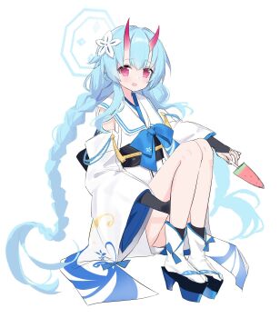 1girl :d black_sash blue_archive blue_bow blue_bowtie blye_hair blye_halo bow bowtie braid candy_moon777 chise_(blue_archive) commentary detached_sleeves flower food hair_flower hair_ornament highres holding holding_food holding_popsicle horns japanese_clothes kimono knees_up long_hair long_sidelocks looking_at_viewer obi open_mouth platform_sandals popsicle red_eyes sandals sash sidelocks skin-covered_horns smile socks solo twin_braids very_long_hair watermelon_bar white_background white_flower white_kimono white_socks