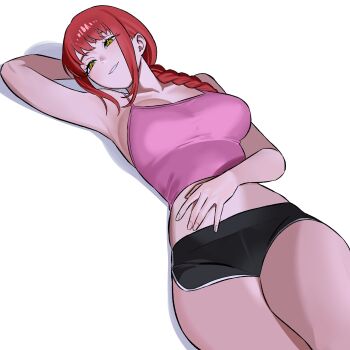 1girl absurdres alternate_costume armpits black_shorts braid braided_ponytail breasts camisole chainsaw_man dolphin_shorts hand_on_own_stomach highres lying makima_(chainsaw_man) medium_breasts on_back pink_camisole red_hair ringed_eyes shorts simple_background smile solo thighs white_background yellow_eyes zeon_(zzeeonn)