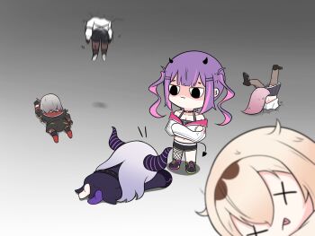 6+girls bare_shoulders barefoot black_camisole black_dress black_shoes black_shorts black_skirt blonde_hair breasts brown_pantyhose brown_thighhighs camisole chibi cleavage closed_mouth collarbone commentary demon_girl demon_horns demon_tail dress dying_message fishnet_thighhighs fishnets fong_(fongthe0125) gradient_background grey_background grey_hair hair_between_eyes hakui_koyori hakui_koyori_(1st_costume) highres hololive horns jacket kazama_iroha la+_darknesss la+_darknesss_(1st_costume) long_hair long_sleeves lying medium_breasts multicolored_hair multiple_girls no_shoes off_shoulder on_stomach pantyhose pantyhose_under_shorts pink_hair pleated_skirt puffy_long_sleeves puffy_sleeves purple_hair purple_pantyhose sakamata_chloe sakamata_chloe_(1st_costume) shaded_face shirt shoes shorts single_leg_pantyhose single_thighhigh skirt soles standing streaked_hair stuck tail takane_lui takane_lui_(1st_costume) thighhighs tokoyami_towa tokoyami_towa_(1st_costume) tongue tongue_out two-tone_hair very_long_hair virtual_youtuber white_jacket white_shirt x_x