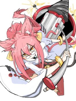 Rule 34 | 1girl, 2023, action, animal ears, arc system works, arm up, bangle, bell, belt, black belt, black panties, blazblue, bracelet, breasts, candy, capri pants, cat ears, cat tail, commentary, drill, food, food in mouth, foreshortening, full body, glasses, groin, hair between eyes, hair ribbon, hammer, hashtag-only commentary, holding, holding hammer, holding weapon, huneph, jewelry, jingle bell, jumping, kokonoe (blazblue), lab coat, legs apart, lollipop, long hair, looking at viewer, multiple tails, navel, open fly, panties, pants, pince-nez, pink hair, ponytail, red pants, ribbon, sidelocks, simple background, slit pupils, small breasts, solo, standing, tail, triangle mouth, tsurime, two tails, underwear, v-shaped eyebrows, very long hair, weapon, white background, wide sleeves, yellow eyes, yellow ribbon