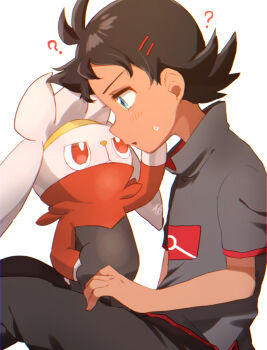 1boy ? antenna_hair blue_eyes blush brown_hair commentary_request eyelashes from_side gen_8_pokemon goh_(pokemon) grey_shirt hair_ornament highres male_focus nintendo open_mouth pants pokemon pokemon_(anime) pokemon_(creature) pokemon_journeys raboot shirt short_sleeves signature sitting sweatdrop ze_(0enmaitake)