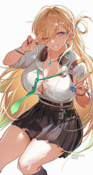 1girl absurdres aqua_necktie blonde_hair breasts button_gap charm_(object) clang_bang_(wuthering_waves) cleavage commentary headphones headphones_around_neck highres id_card large_breasts long_hair looking_at_viewer lynae_(wuthering_waves) necktie one_eye_closed purple_eyes shibuya_(kurokamishain) shirt simple_background skirt smile solo twitter_username white_background white_shirt white_skirt wuthering_waves