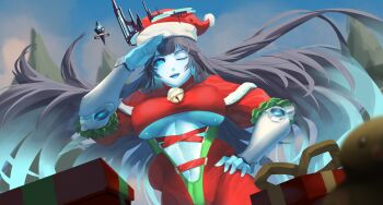 1girl absurdly_long_hair alternate_costume arbiter_the_tower_xvi_(azur_lane) azur_lane bell blue_eyes blue_skin box breasts capelet colored_skin commentary commission dress dutch_angle english_commentary from_below fur-trimmed_capelet fur-trimmed_dress fur-trimmed_headwear fur_trim gift gift_box grey_hair hand_on_own_hip hat highres jingle_bell large_breasts long_hair looking_at_viewer najashi navel one_eye_closed open_mouth outdoors pixiv_commission red_capelet red_hat salute santa_costume santa_dress santa_hat siren_(azur_lane) solo teeth underboob upper_teeth_only very_long_hair