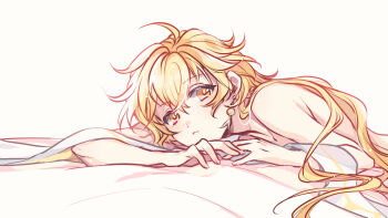 Rule 34 | 1boy, aether (genshin impact), ahoge, androgynous, bare shoulders, bed sheet, blonde hair, commentary request, earrings, genshin impact, head rest, highres, jewelry, kkaiju, leaning forward, long hair, looking at viewer, partial commentary, solo, trap, white background, yellow eyes