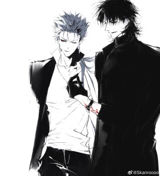 >:) 2boys absurdres artist_name black_gloves blue_hair chinese_commentary closed_mouth collarbone collared_shirt command_spell commentary_request cu_chulainn_(fate) cu_chulainn_(lancer)_(fate) earrings fate/stay_night fate_(series) forehead gloves greyscale hair_over_shoulder half_gloves hand_up highres jacket jewelry kotomine_kirei long_hair looking_ahead looking_to_the_side low_ponytail male_focus medium_hair monochrome multiple_boys open_clothes open_jacket pants parted_lips ponytail popped_collar profile red_eyes red_tattoo shirt side-by-side simple_background skanroooo smile smirk spot_color sweater tattoo turtleneck turtleneck_sweater upper_body v-neck v-shaped_eyebrows watch watermark weibo_watermark white_background wrist_tattoo wristwatch