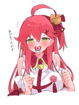 1girl ahoge bell commentary_request green_eyes hair_bell hair_ornament highres hololive japanese_clothes jingle_bell kimono long_hair looking_at_viewer pacifier pink_hair sakura_miko sakura_miko_(1st_costume) solo tepenchi virtual_youtuber white_background white_kimono x_hair_ornament