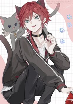 Rule 34 | 1boy, animal ears, animalization, black cat, black choker, black jacket, black pants, cat, cat ears, cat tail, choker, green eyes, grid background, hair between eyes, highres, jacket, kemonomimi mode, lauren iroas, long hair, looking to the side, male focus, marota 0, nijisanji, official alternate costume, open clothes, open jacket, open mouth, outstretched arm, pants, paw print, person and animalization, ponytail, red hair, red nails, side ponytail, smile, solo, squatting, tail, virtual youtuber