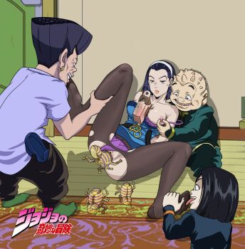 1girl absurdres arms_behind_back bare_shoulders between_breasts bra breasts clothing_aside expressionless groin group_sex hazamada_toshikazu higashikata_tomoko highres indoors jfbz jojo_no_kimyou_na_bouken kobayashi_tamami large_breasts legs licking licking_foot lying multiple_boys nipple_stimulation nipple_tweak nipples one_breast_out open_mouth panties panties_aside pantyhose purple_hair pussy rape red_eyes short_hair spread_legs stand_(jojo) standing thighs torn_clothes torn_pantyhose uncensored underwear vaginal yangu_shigekiyo