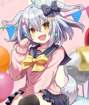 Rule 34 | 1boy, balloon, black thighhighs, blue hair, blush, bow, bowtie, commentary request, fang, inuyama tamaki, leesan-san, noripro, open mouth, orange eyes, sailor collar, school uniform, sitting, skirt, smile, sweater, tail, thighhighs, trap, virtual youtuber, yellow bow, yellow bowtie