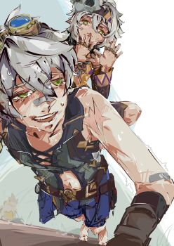 1boy 1girl absurdres bandaid bandaid_on_arm bandaid_on_face bandaid_on_nose barefoot belt bennett_(genshin_impact) commentary english_commentary exercising exhausted foreshortening genshin_impact goggles goggles_on_head green_eyes grey_hair hair_between_eyes hair_ornament half-closed_eyes hands_up headband highres iansan_(genshin_impact) jewelry long_hair looking_at_another mrullic multiple_rings open_mouth push-ups ring scar scar_on_shoulder shorts sitting sitting_on_person skull skull_hair_ornament smile sweat tan tearing_up training trembling