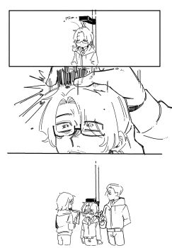 1girl 2boys bug cigarette cockroach commentary_request faust_(project_moon) glasses gregor's_cockroach_(project_moon) gregor_(project_moon) greyscale highres hood hood_down hoodie insect limbus_company low_ponytail meursault_(project_moon) monochrome multiple_boys necktie nicoco_(zandaka_02) ponytail project_moon short_hair smoke smoking stadiometer