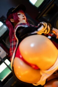 Rule 34 | 1girl, asian, ass, chinese (nationality), chunmomo0127, cosplay, cosplay photo, from behind, hat, indoors, long hair, looking at viewer, looking back, panties, photo (medium), real life, red hair, red panties, teeth, twintails, underwear