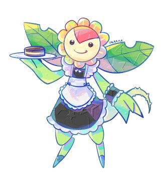 Rule 34 | cake, digimon, digimon (creature), fang, flower, food, leaf, maid, mar22826683, petals, smile, sunflower, sunflowmon, tail