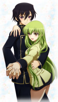 1boy 1girl black_hair blazer c.c. code_geass commentary dancing green_eyes green_hair hair_between_eyes hand_on_another's_shoulder hand_on_another's_waist highres holding_hands jacket jewelry kaname_aomame lelouch_vi_britannia long_hair long_sleeves open_mouth pants purple_eyes ring school_uniform sidelocks skirt smile