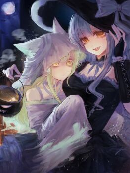 Rule 34 | 2girls, animal ears, bang dream!, bang dream! it's mygo!!!!!, black dress, black hat, blue hair, breasts, bridal gauntlets, cat ears, cat girl, closed mouth, commentary, dress, ghost costume, green hair, halloween, halloween costume, hat, highres, kemonomimi mode, long hair, medium breasts, multiple girls, open mouth, shoushud, symbol-only commentary, togawa sakiko, wakaba mutsumi, witch hat, yellow eyes