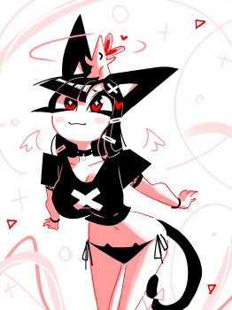 Rule 34 | 1girl, andaerz, animal, animal ears, animal on head, black choker, black hair, black panties, black shirt, black tail, blush, blush stickers, bow, breasts, cat ears, cat girl, cat girl (andaerz), cat tail, choker, cowboy shot, fishnets, hair ornament, hairclip, halo, heart, highres, large breasts, large ears, long hair, mouse (animal), narrow waist, navel, on head, original, panties, red eyes, shirt, side-tie panties, tail, tail bow, tail ornament, underwear, white background, white bow