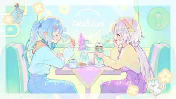 2girls absurdres arahashi_tabi arms_on_table arnyang_(ayatsuno_yuni) ayatsuno_yuni blue_hair blue_pants border bow_hairband character_name closed_eyes commentary_request commission cup denim food glass grey_hair grin hair_ornament hairband hairclip hand_up headphones headphones_around_neck highres holding holding_cup holding_food indoors jeans korean_commentary long_hair long_sleeves looking_at_another meoreng_illust multiple_girls on_bench open_mouth orange_hairband overalls pants parfait pastel_colors pungdangi_(arahashi_tabi) purple_overalls restaurant sidelocks sitting slice_of_life smile stellive sweater sweater_tucked_in table teacup transparent_border twintails virtual_youtuber white_sweater x_hair_ornament yellow_sweater