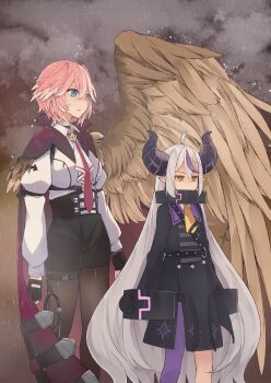 2girls ahoge black_gloves blue_eyes cape cloud cloudy_sky commentary_request cuffs demon_horns feathered_wings from_side gloves grey_hair hair_wings hololive holox horns la+_darknesss la+_darknesss_(1st_costume) long_hair long_sleeves looking_ahead looking_down multiple_girls necktie outdoors pink_hair rain red_necktie safai shackles short_hair sidelocks single_wing sky takane_lui takane_lui_(1st_costume) virtual_youtuber whip wings yellow_eyes