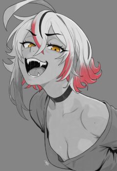 1girl absurdres ahoge borrowed_character breasts brown_eyes choker cleavage commentary english_commentary fangs grey_background highres its_tsuica looking_at_viewer minami_(anb_draws) mole mole_under_eye multicolored_hair open_mouth original shirt simple_background smile solo spot_color streaked_hair teeth upper_body