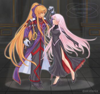 Rule 34 | 1boy, 1girl, black dress, blonde hair, dancing, dress, eonia transbaal, full body, galaxy angel, gloves, highres, holding hands, kitaru, long hair, looking at another, military uniform, pink hair, ponytail, purple ribbon, ribbon, sherry bristol, very long hair, white gloves