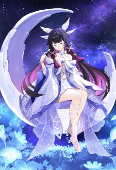 Rule 34 | 1girl, barefoot, black hair, closed eyes, closed mouth, columbina (genshin impact), commentary request, crescent, dress, full body, genshin impact, hair ornament, hand up, highres, hyurasan, long hair, multicolored hair, night, night sky, purple hair, simple background, sky, solo, star (sky), starry sky, teeth, toes, very long hair, white dress, wing hair ornament
