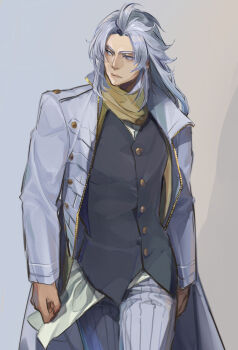 1boy black_vest coat commentary cowboy_shot dissidia_duellum_final_fantasy dissidia_final_fantasy expressionless final_fantasy final_fantasy_i gradient_background grey_background grey_eyes grey_hair highres long_hair looking_to_the_side male_focus nini_tw99 pants pinstripe_pants pinstripe_pattern scarf solo vest walking warrior_of_light_(ff1) white_coat white_pants yellow_scarf
