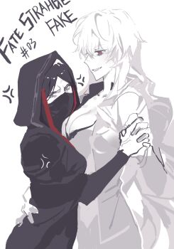 Rule 34 | 2girls, anger vein, angry, annoyed, black cloak, black hair, black hood, blush, breasts, cloak, commentary, covered mouth, english commentary, english text, fate/strange fake, fate (series), formal clothes, genderswap, genderswap (mtf), grin, hand on another's waist, highres, holding hands, hood, huge breasts, jester karture, long hair, looking at viewer, messy hair, multiple girls, no name assassin (fate), parted bangs, red eyes, shirt, smile, span (shibanyu63868), suit, vampire, wavy hair, white shirt, white suit
