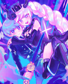 1boy 1girl ahoge bare_shoulders belt black_dress black_flower black_horns black_nails blue_background blue_belt blue_jacket blush braid breasts cleavage closed_mouth criss-cross_halter crown detached_sleeves dress flower halterneck highres holding holding_sword holding_weapon horns hug iro_(mywife_sunny) jacket long_hair long_sleeves looking_at_viewer master_detective_archives:_rain_code multicolored_hair nail_polish open_mouth pink_eyes pink_hair purple_eyes purple_hair shinigami_(rain_code) short_hair smile sparkle sword twin_braids weapon yuma_kokohead
