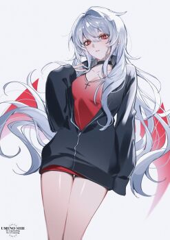 1girl black_choker black_jacket black_nails breasts choker cleavage closed_mouth collarbone cross cross_print demon_wings ear_piercing feet_out_of_frame fingernails from_below genderswap genderswap_(mtf) hair_between_eyes hand_up highres jacket large_breasts long_fingernails long_hair long_sleeves looking_at_viewer mole mole_under_eye nail_polish nijisanji partially_unzipped piercing pointy_ears red_eyes red_shirt red_wings sanya_(2nd_costume)_(kuzuha) sanya_(kuzuha) shirt sidelocks simple_background sleeves_past_wrists solo standing track_jacket umeno_shii v-neck virtual_youtuber watermark wavy_hair white_background white_hair wings