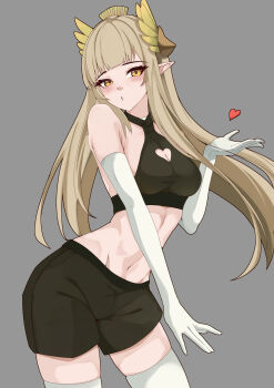 1girl absurdres arknights blonde_hair blowing_kiss breasts brown_shirt brown_shorts cleavage cleavage_cutout clothing_cutout devstar elbow_gloves elf eyelashes gloves grey_background groin hand_up heart heart_cutout highres hime_cut laurel_crown laurels leaning_forward long_hair looking_at_viewer medium_breasts muelsyse_(arknights) navel o3o pointy_ears puckered_lips shirt shorts simple_background sleeveless sleeveless_shirt solo stomach thighhighs white_gloves white_thighhighs yellow_eyes zettai_ryouiki