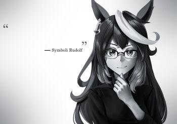 1girl absurdres animal_ears character_name closed_mouth commentary cosplay english_commentary english_text glasses greyscale hand_on_own_chin hand_up highres horse_ears horse_girl long_hair looking_at_viewer manjo_(warito) monochrome multicolored_hair over-rim_eyewear portrait real_life semi-rimless_eyewear smile solo steve_jobs steve_jobs_(cosplay) stroking_own_chin sweater symboli_rudolf_(umamusume) template turtleneck turtleneck_sweater umamusume white_background
