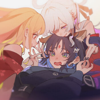 !? 3girls absurdres animal_ear_fluff animal_ears blonde_hair blush chin_rest cho_kaguya-hime! commentary_request ears_down forehead_jewel girl_sandwich green_eyes hair_ornament hair_rings hair_stick head_on_head head_rest highres holding_hands hood hood_down kaguya_(cho_kaguya-hime!) long_hair looking_at_another looking_down lop_rabbit_ears lying multiple_girls nail_polish nose_blush on_back open_mouth profile purple_hair rabbit_ears runami_yachiyo sakayori_iroha sandwiched short_hair simple_background smile surprised tian_luo_bo twintails upper_body white_background white_hair yuri